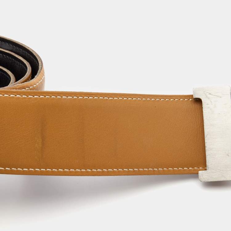 Pre Owned Hermes Black/Gold Box Calf and Swift Leather H Buckle Reversible Belt 90CM