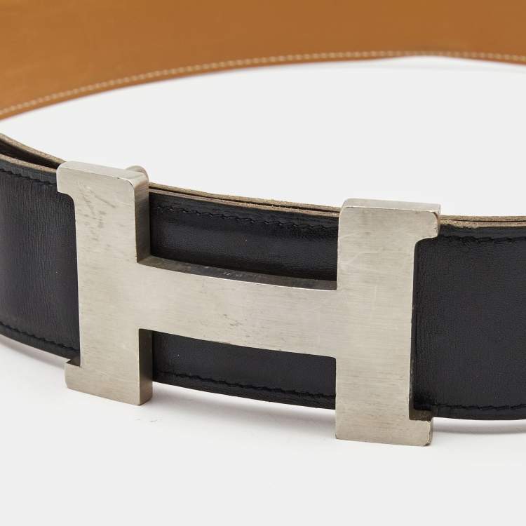 Pre Owned Hermes Black/Gold Box Calf and Swift Leather H Buckle Reversible Belt 90CM