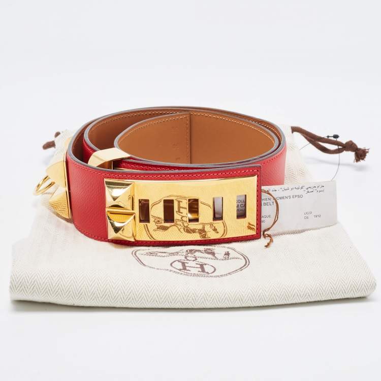Pre Owned Hermes Rouge Casaque Epsom Leather Collier De Chien Belt 90CM