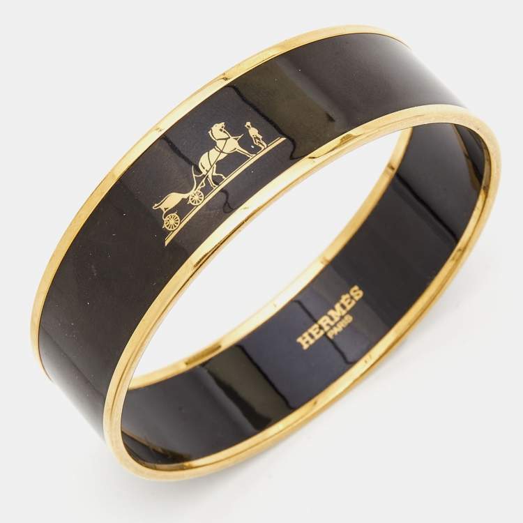 Pre Owned Hermes Calèche Enamel Gold Plated Wide Bangle Bracelet