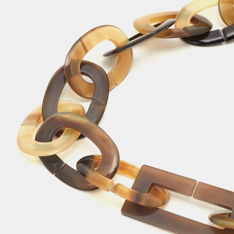 Pre Owned Hermes Brown Horn and White Leather Collar Necklace 