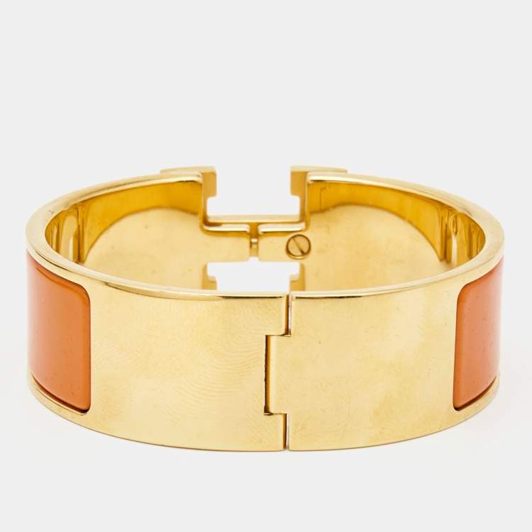 Pre Owned Hermes Clic Clac H Enamel Gold Plated Wide Bracelet