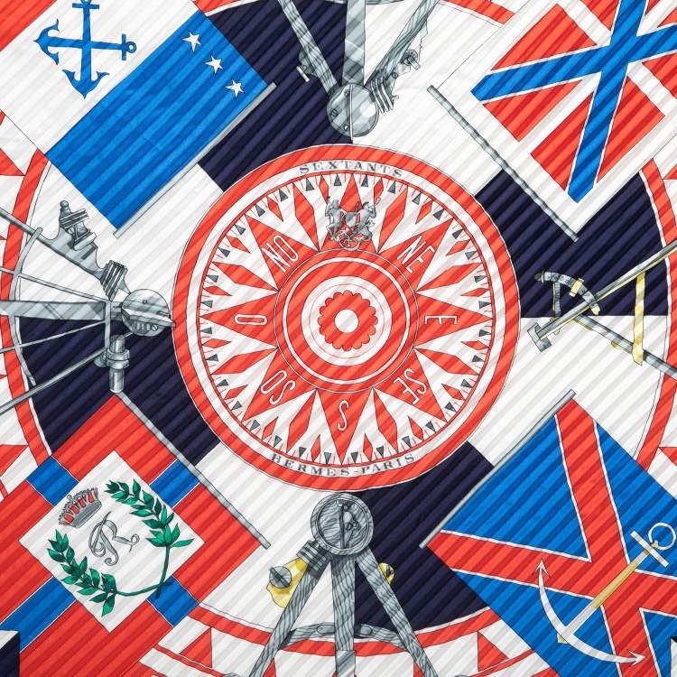 Pre Owned Hermes Navy Blue/Orange Sextants Silk Pleated Shawl