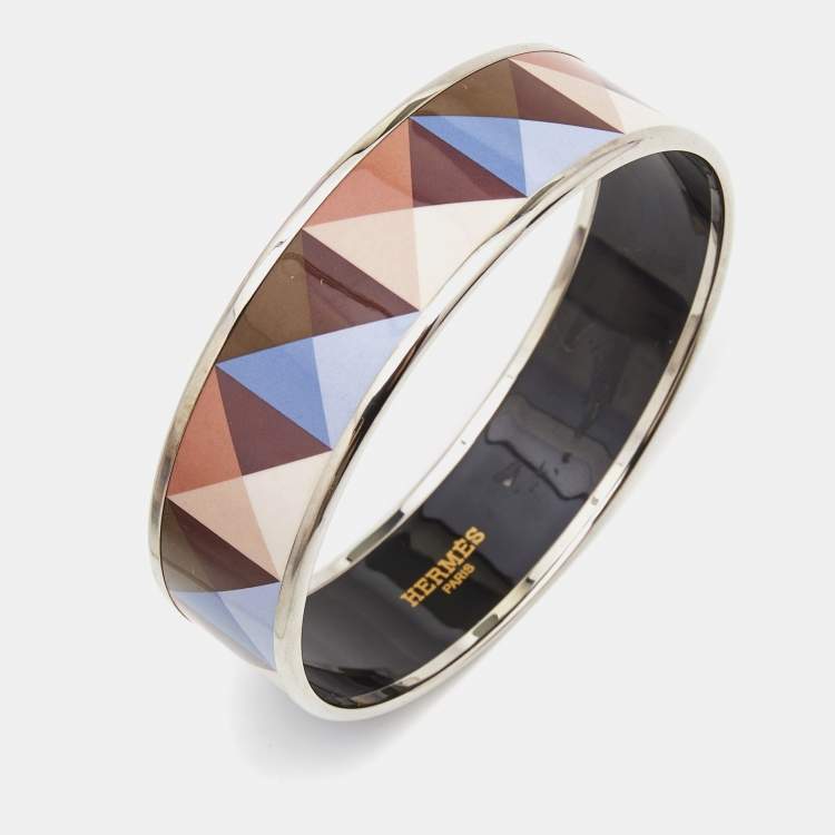 Pre Owned Hermès Clous en Trompe L'Oeil Enamel Palladium Plated Wide Bangle Bracelet