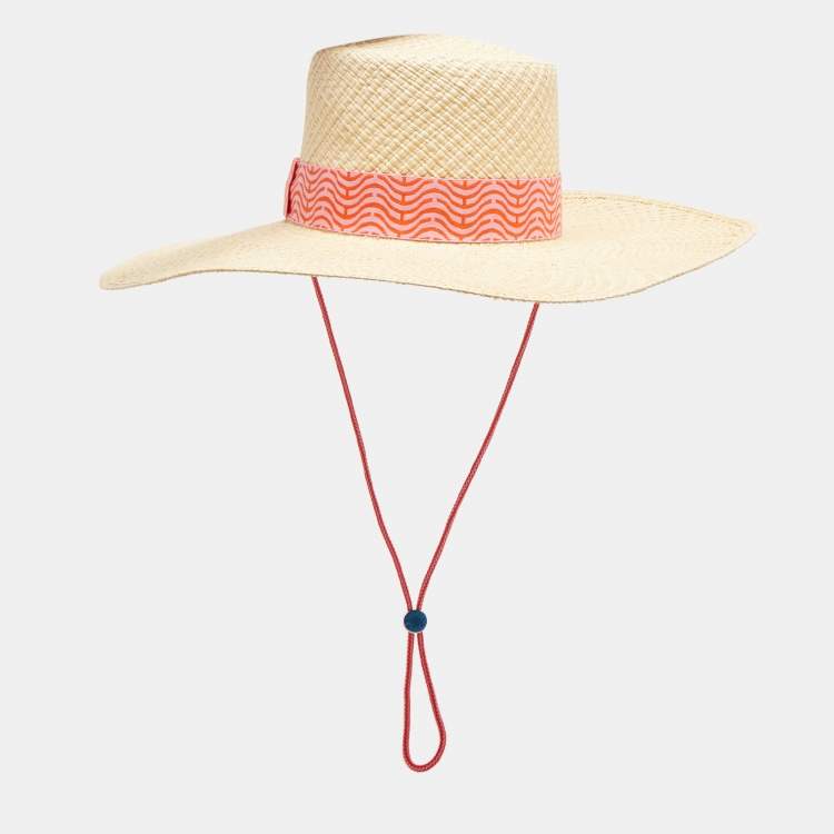 Pre Owned Hermès Beige Panama Chevron Straw Elettra Hat Size 58