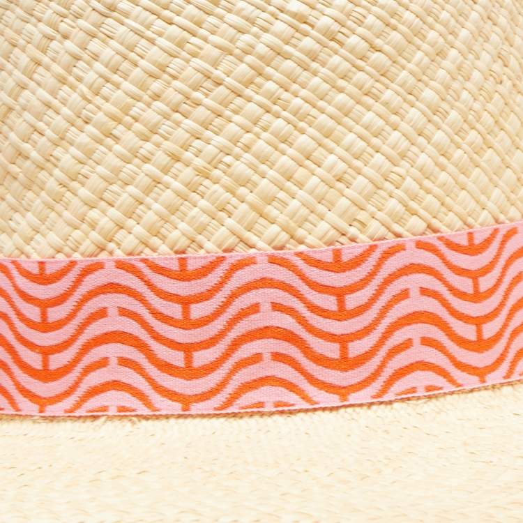Pre Owned Hermès Beige Panama Chevron Straw Elettra Hat Size 58