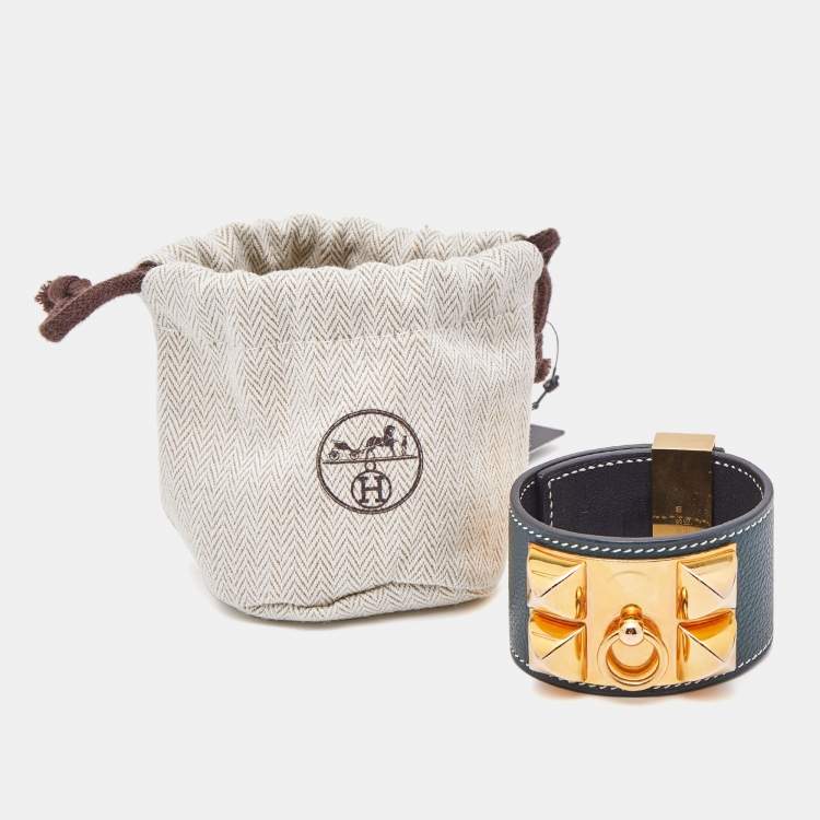 Pre Owned Hermes Collier de Chien Leather Gold Plated Cuff Bracelet