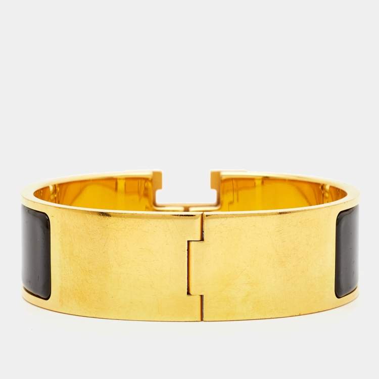 مملوكة مسبقًا Hermes Clic Clac H Black Enamel Gold Plated Wide Bracelet
