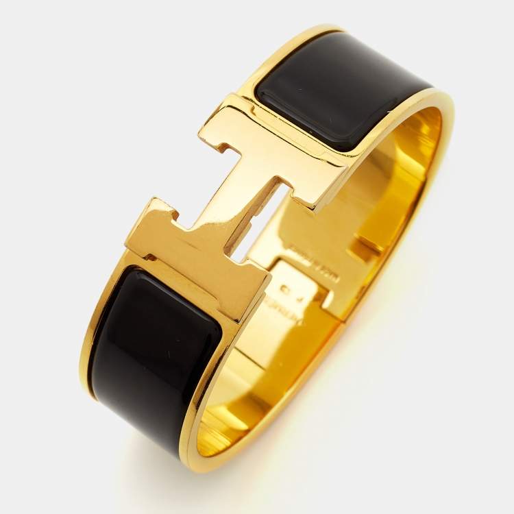 مملوكة مسبقًا Hermes Clic Clac H Black Enamel Gold Plated Wide Bracelet