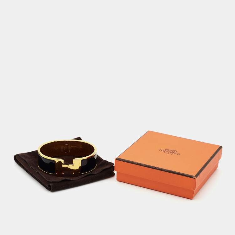 مملوكة مسبقًا Hermes Clic Clac H Black Enamel Gold Plated Wide Bracelet