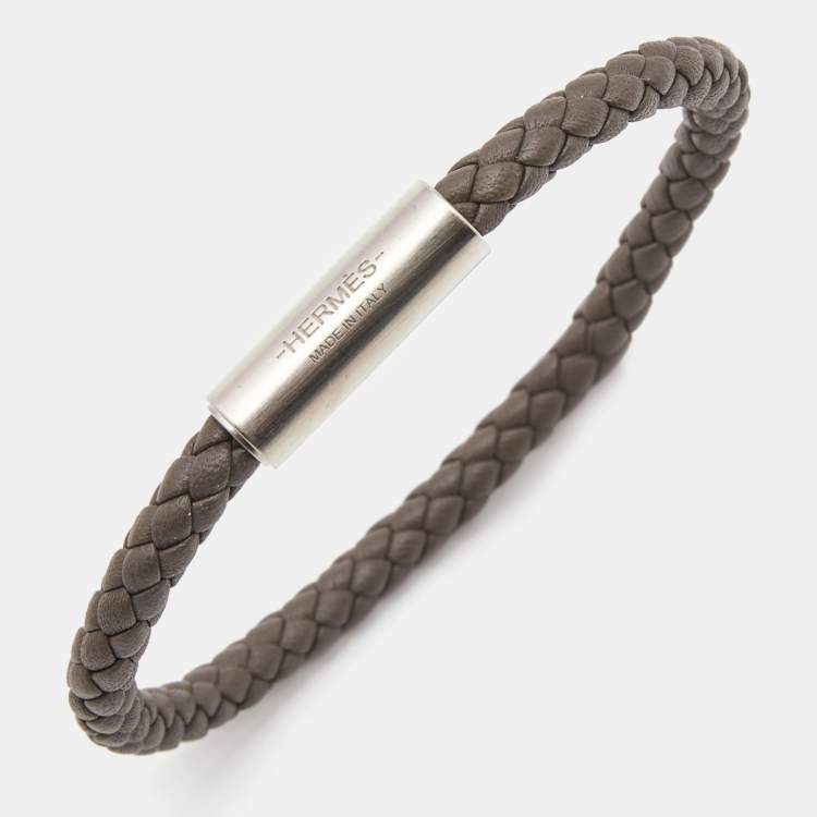 Pre Owned Hermes Goliath Leather Silver Tone Bracelet