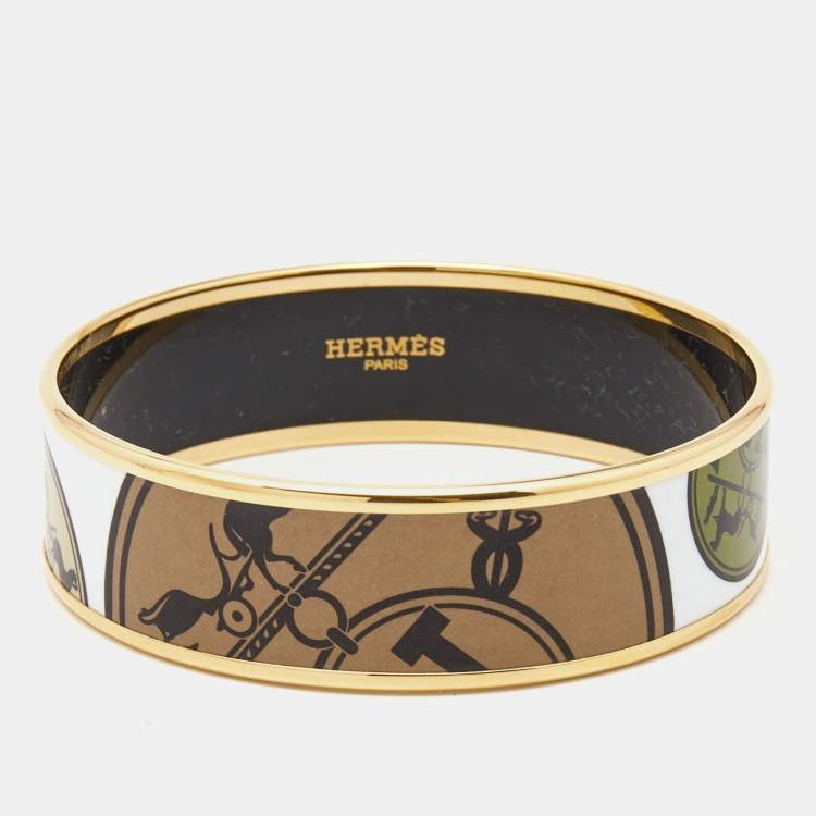 Pre Owned Hermès 'Confettis D'Ex Libris' Enamel Gold Plated Wide Bangle Bracelet