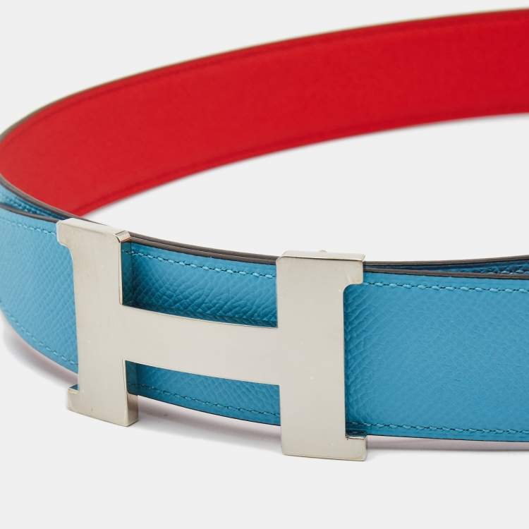 Pre Owned Hermes Rouge du Coeur/Bleu de Nord Epsom Leather Constance Reversible Belt 90CM