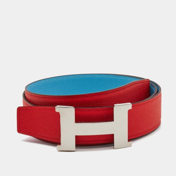 Pre Owned Hermes Rouge du Coeur/Bleu de Nord Epsom Leather Constance Reversible Belt 90CM