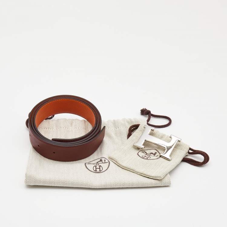 Pre Owned Hermes Orange/Rouge H Epsom Leather H Buckle Reversible Belt 85CM