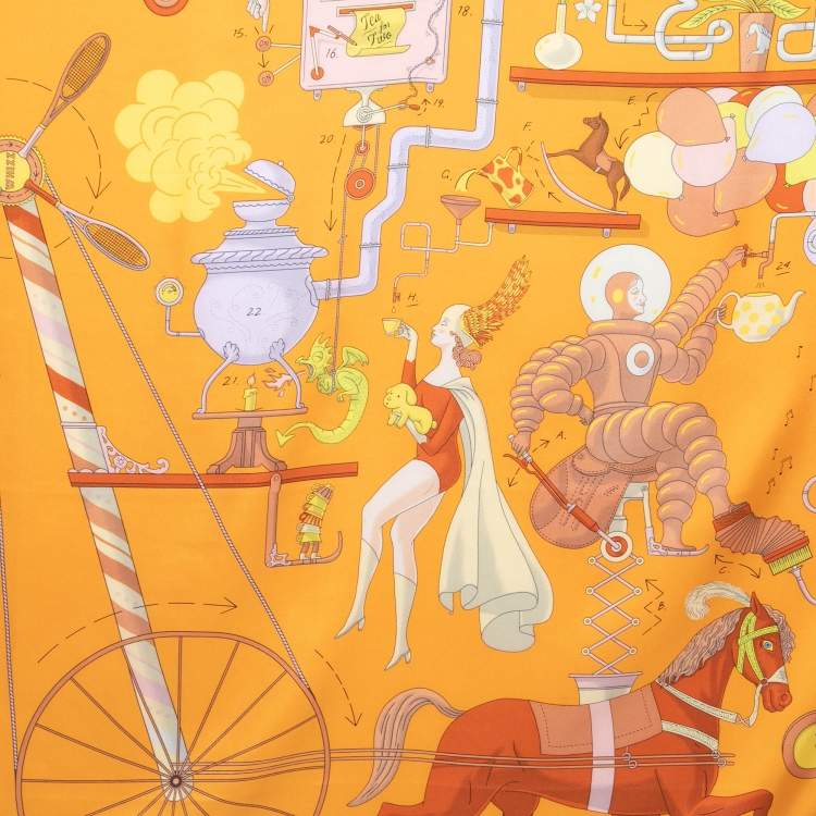 Pre Owned Hermès Orange Tea for Two Printed Silk Square Scarf