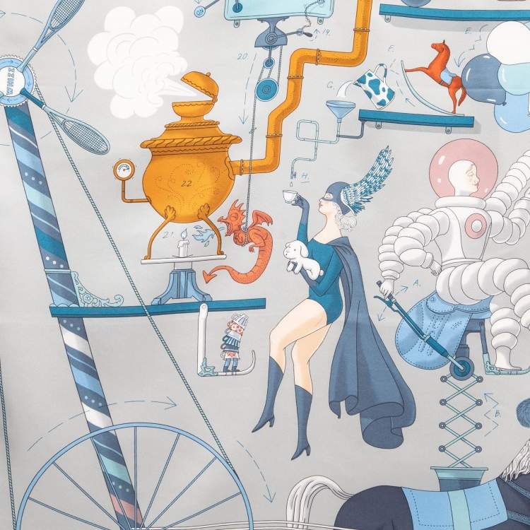 Pre Owned Hermès Grey Tea for Two Printed Silk Square Scarf