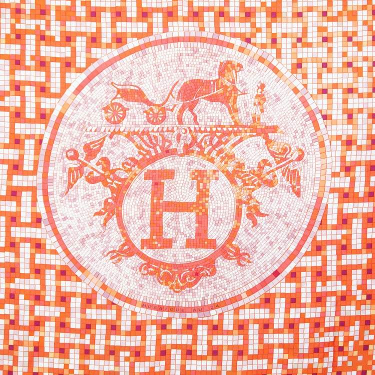 Pre Owned Hermès Orange Mosaique Au 24 Printed Silk Square Scarf