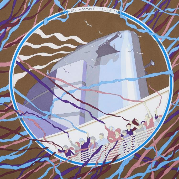 Pre Owned Hermes Blue En Avant Toute Printed Silk Square Scarf