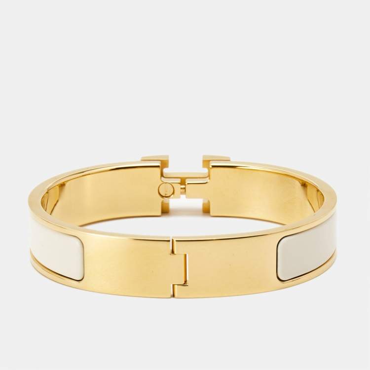 Pre Owned Hermès Clic Clac H White Enamel Gold Plated Bracelet