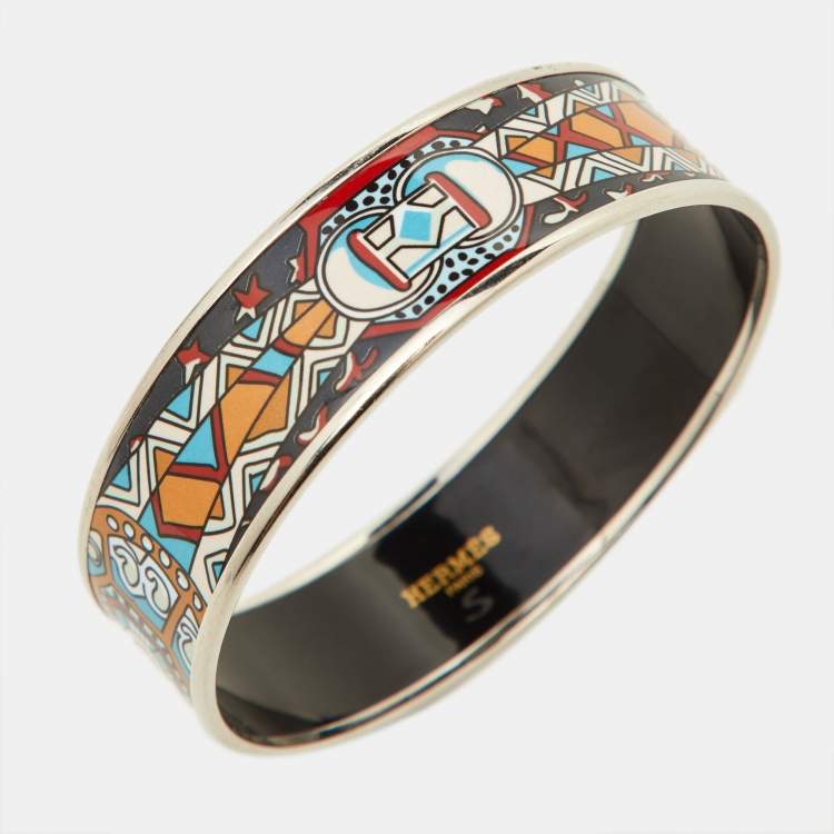 مملوكة مسبقًا Hermes Multicolor Enamel & Palladium Plated Metal Rim Bangle