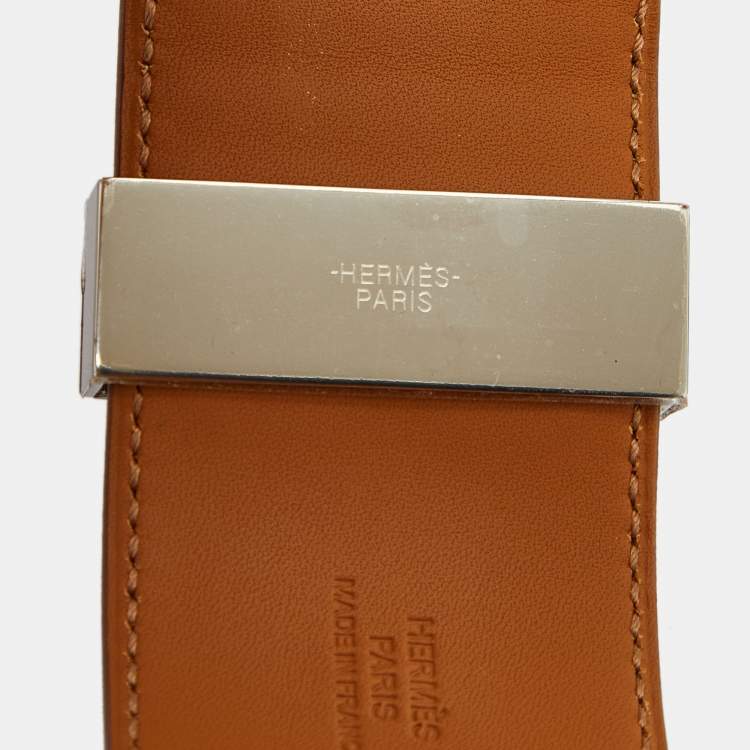 Pre Owned Hermes Brown Striped Leather Palladium Plated Collier De Chien Bracelet