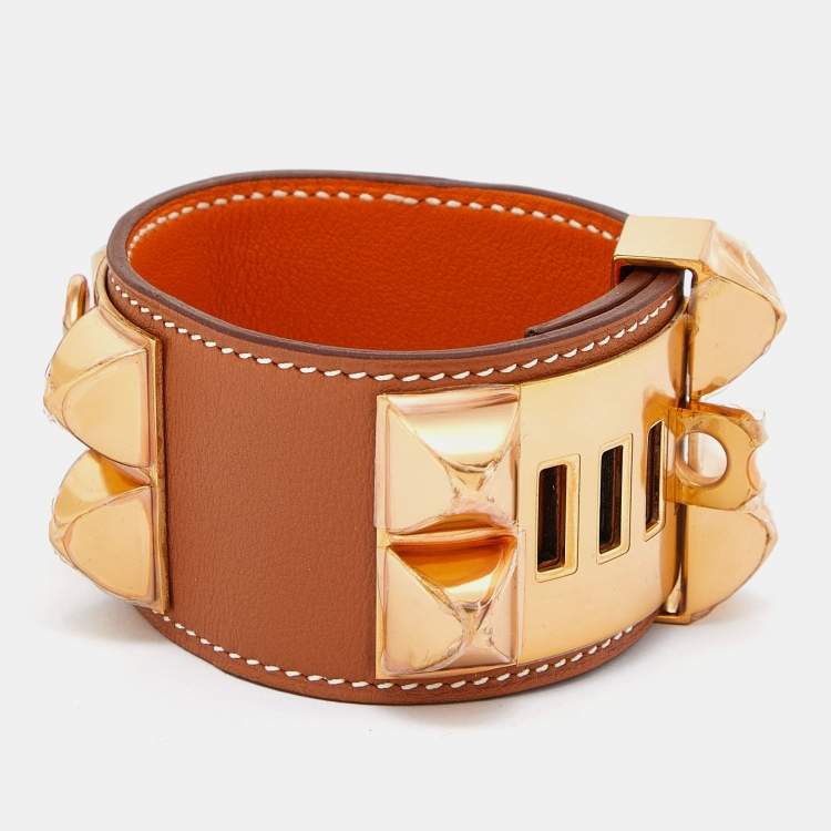 Pre Owned Hermès Brown Leather Gold Plated Collier de Chien Bracelet