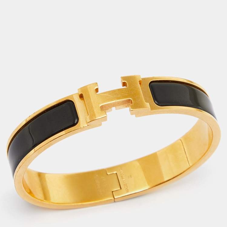 Pre Owned Hermes Black Enamel Gold Plated Clic H Bracelet