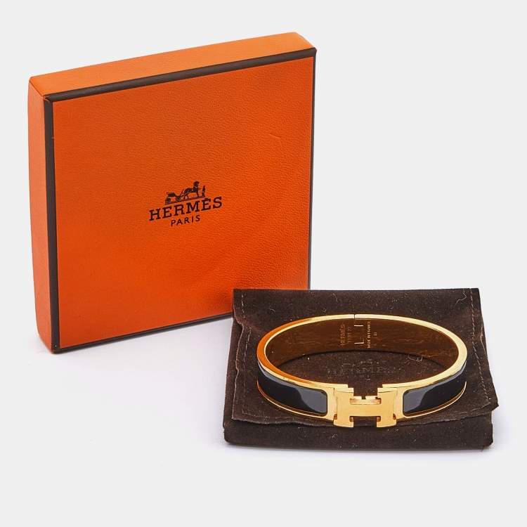 Pre Owned Hermes Black Enamel Gold Plated Clic H Bracelet