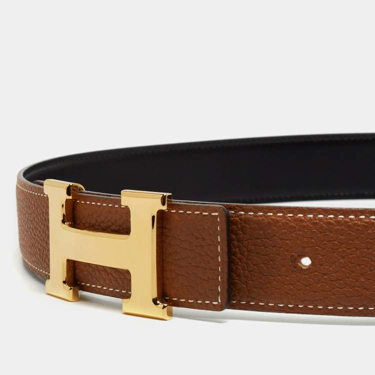 Pre Owned Hermes Black/Gold Box And Togo Leather Constance Reversible Belt 80 CM