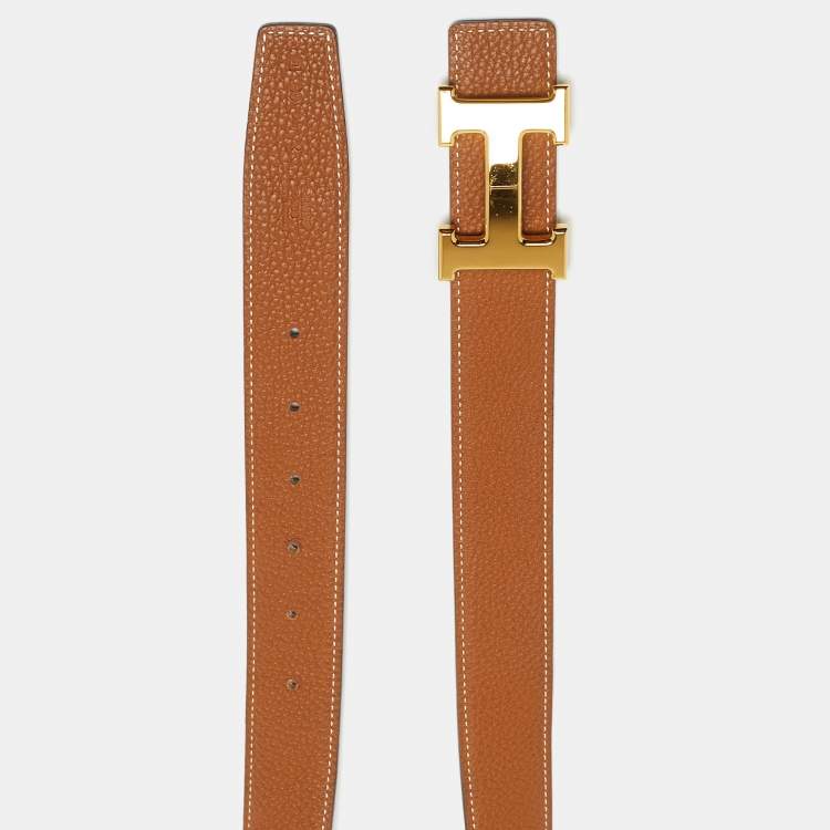 Pre Owned Hermes Black/Gold Box And Togo Leather Constance Reversible Belt 80 CM