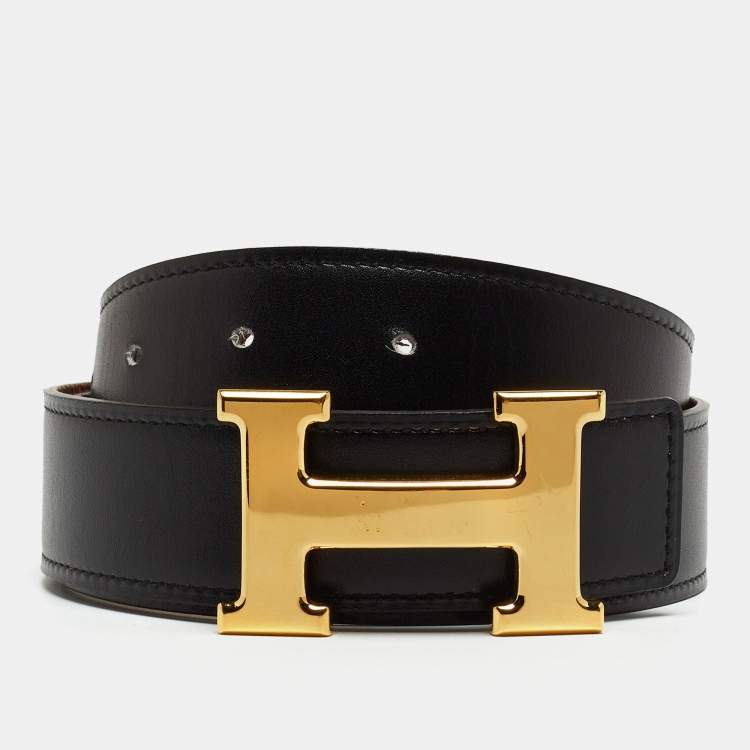 Pre Owned Hermes Black/Gold Box And Togo Leather Constance Reversible Belt 80 CM