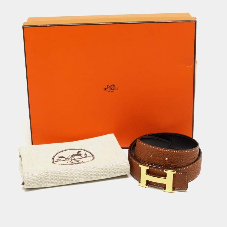 Pre Owned Hermes Black/Gold Box And Togo Leather Constance Reversible Belt 80 CM