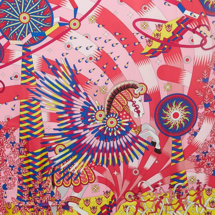 Pre Owned Hermès Pink La Source de Pegase Printed Silk Square Scarf
