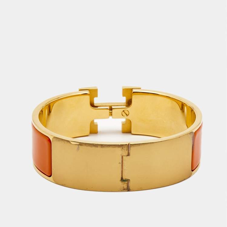 Pre Owned Hermès  Clic Clac H Orange Enamel Gold Plated Bracelet