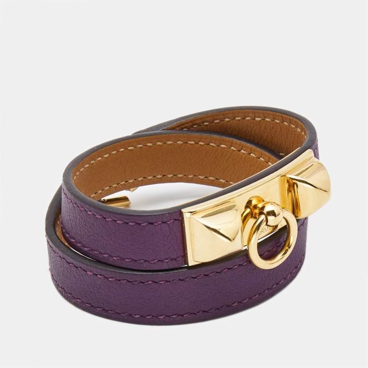 Pre Owned Hermès Rivale Leather Gold Plated Double Tour Bracelet