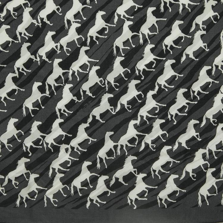Pre Owned Hermès Black & Grey Horse Printed Cashmere & Silk Square Scarf