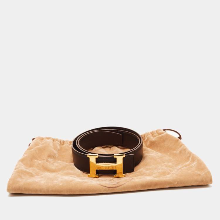 Pre Owned Hermes Black/Chocolat Box and Swift H Buckle Belt 80CM