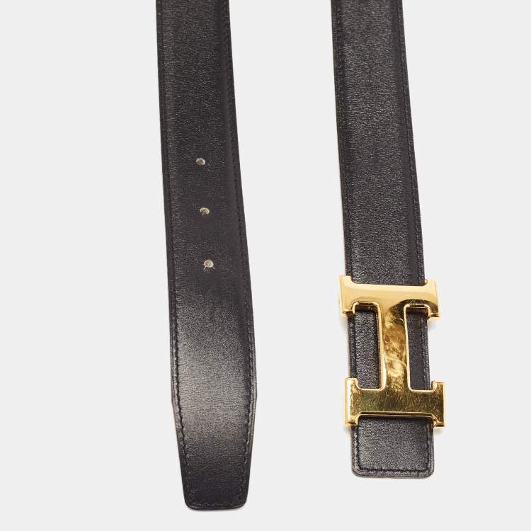 Pre Owned Hermes Black/Chocolat Box and Swift H Buckle Belt 80CM