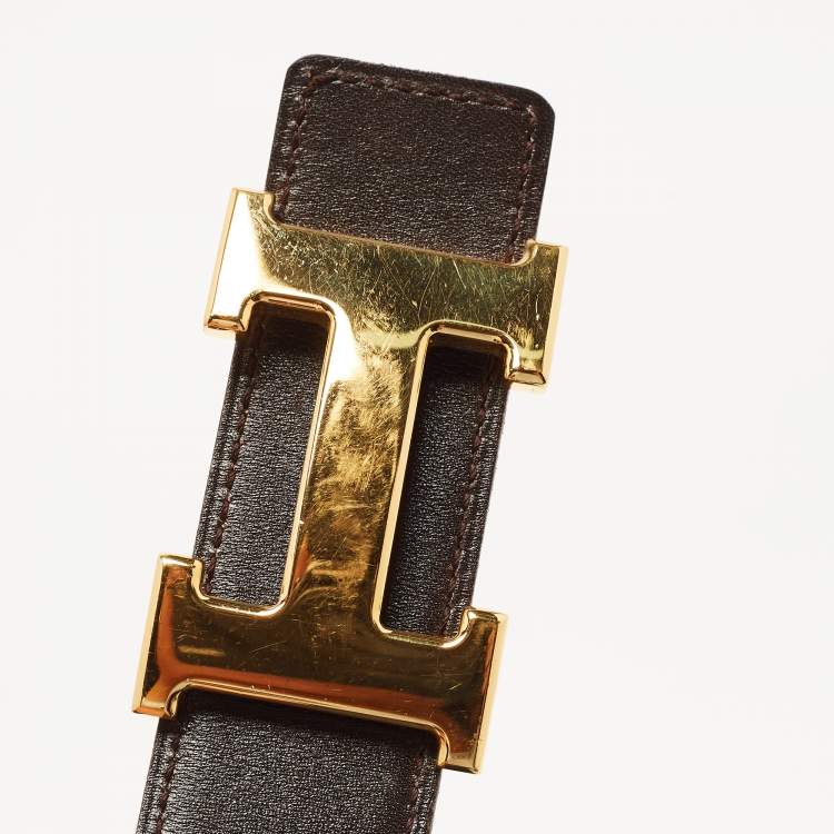 Pre Owned Hermes Black/Chocolat Box and Swift H Buckle Belt 80CM