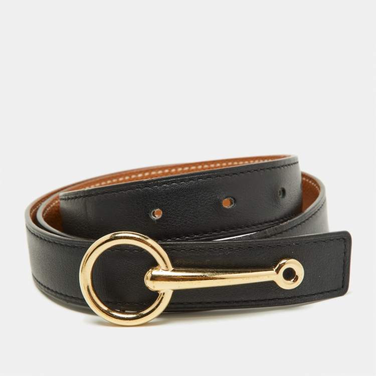 Pre Owned Hermes Black/Gold Swift and Epsom Leather Mors Reversible Belt 70CM
