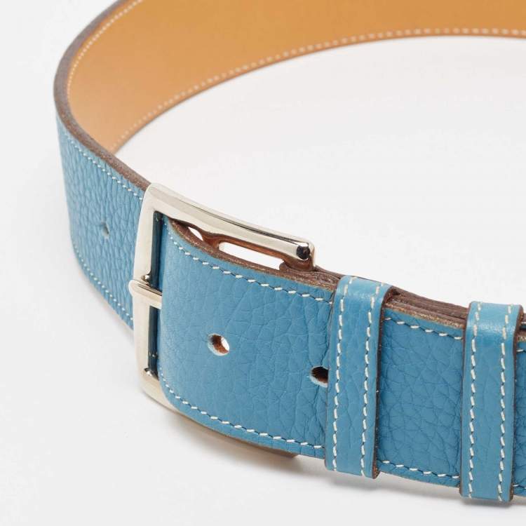 Pre Owned Hermes Blue Jean/Gold Clemence And Swift Leather Etriviere Belt Size 80CM