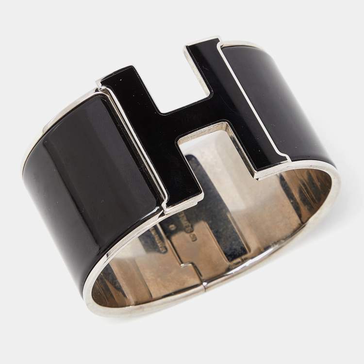 Pre Owned Hermes Clic Clac H Black Enamel Palladium Plated Extra Wide Bracelet 