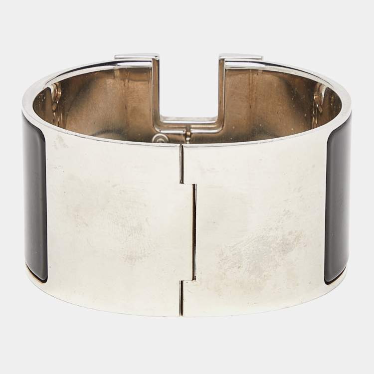 Pre Owned Hermes Clic Clac H Black Enamel Palladium Plated Extra Wide Bracelet 