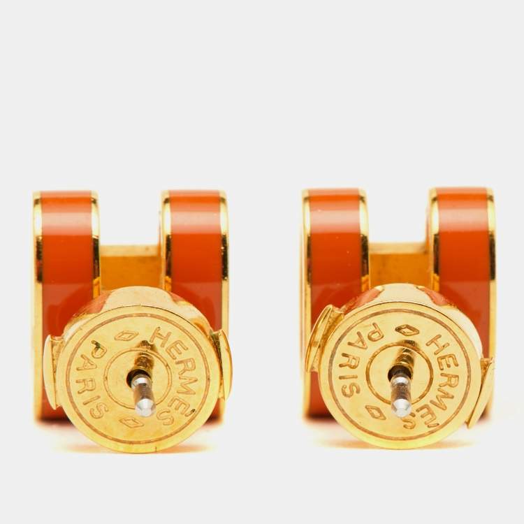 Pre Owned Hermès Pop H Orange Lacquered Gold Plated Stud Earrings