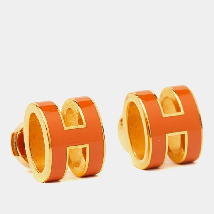 Pre Owned Hermès Pop H Orange Lacquered Gold Plated Stud Earrings