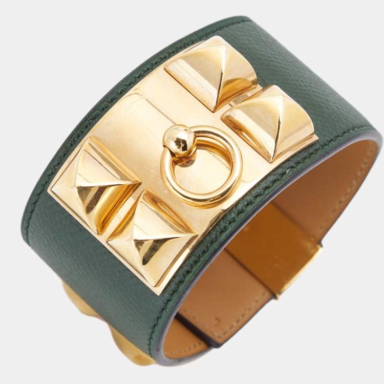 Pre Owned Hermes Collier de Chien Leather Gold Plated Bracelet L