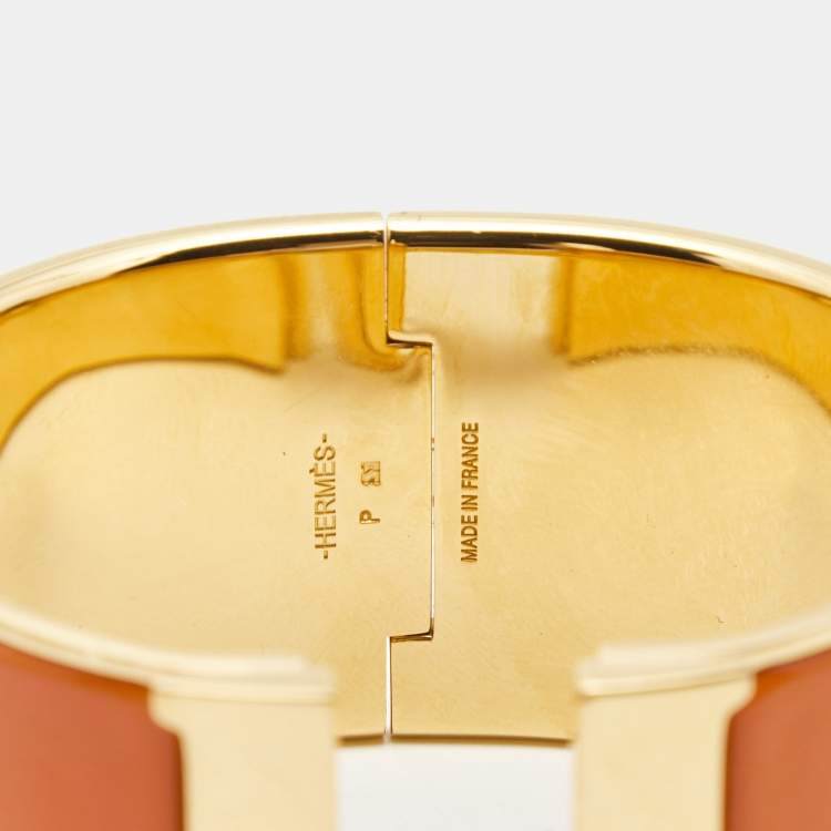 Pre Owned Hermes Clic Clac H Orange Enamel Gold Plated Extra Wide Bracelet