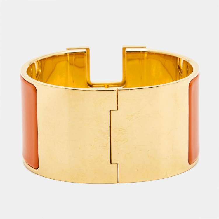 Pre Owned Hermes Clic Clac H Orange Enamel Gold Plated Extra Wide Bracelet