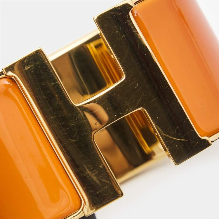 Pre Owned Hermes Clic Clac H Orange Enamel Gold Plated Extra Wide Bracelet